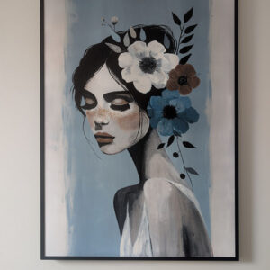plakat_kobieta_na_niebieskim_tle plakat kobieta na niebieskim tle z kwiatem w włosach